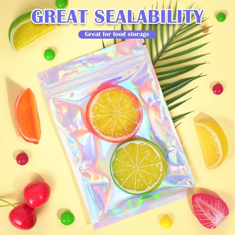 Jetmore 100 Pcs Resealable Mylar Bags, Smell Proof Goodie Bags with Clear Window, Small Holographic Bags for Halloween, Gift, Candy, Bracelet, Keychain, Treat, Product, Sealable Plastic Bags - Image 3